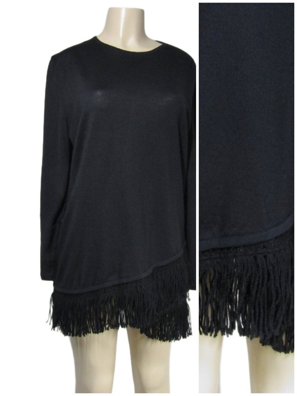 VTG MONDI Black FRINGE Asymmetrical Mod Boho Mini Wool Blend Dress Tunic 42 M